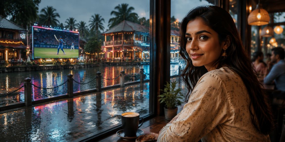 Bright neon lights with cricket and betting elements in Kerala