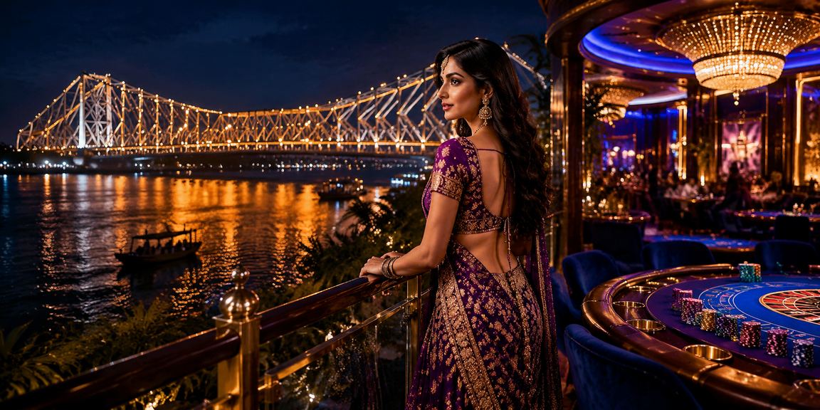 Blue and gold themed sports betting imagery near Kolkata Howrah Bridge